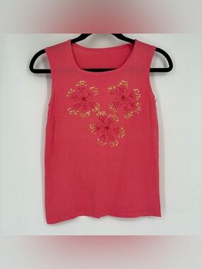 Vintage Y2K XS Cotton Floral Beaded Sequin Floral Pink Tank Top Sheer Tropical